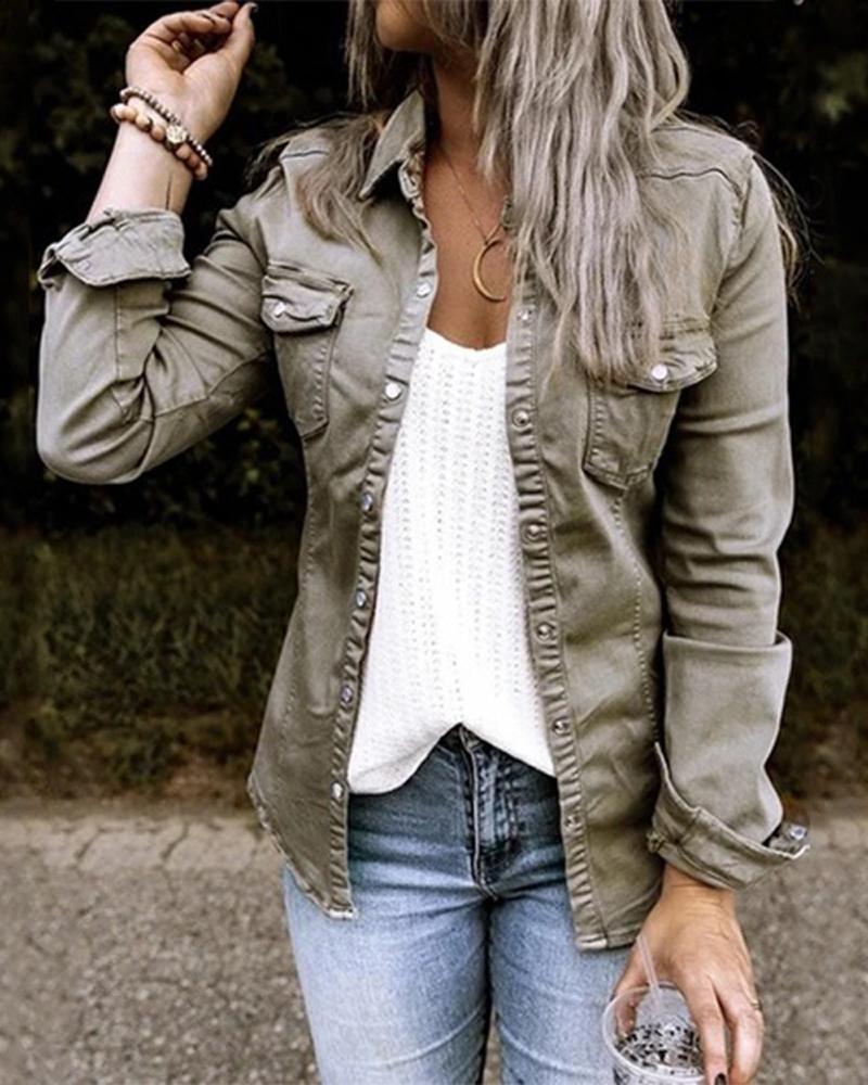 

Long Sleeve Button Down Denim Shacket, Gray