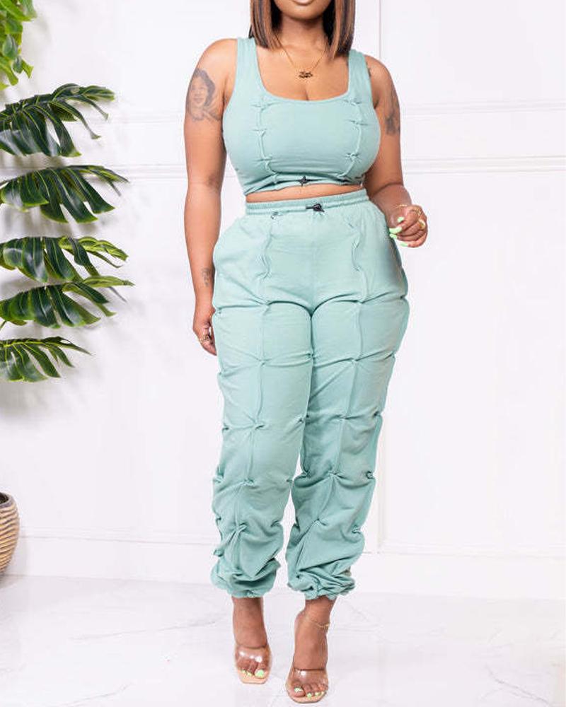 

Crop Tank Top & Drawstring Ruched Pants Set, Lighted blue