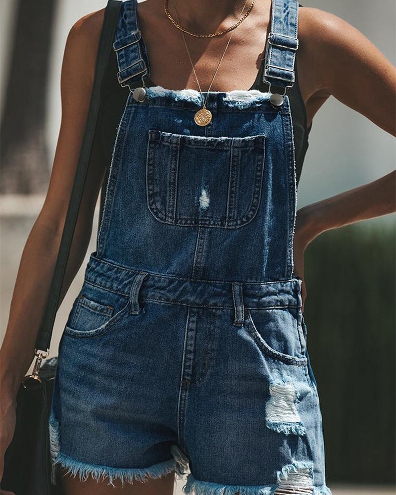 

Solid Sleeveless Denim Overall Rompers, Blue