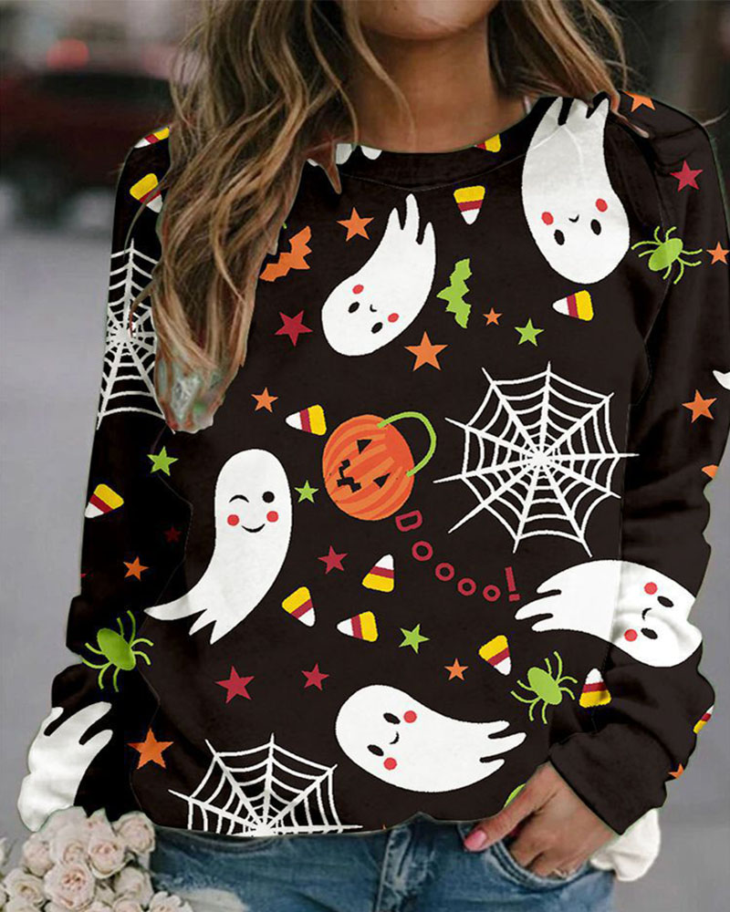 

Halloween Graphic Pumpkin Print Long Sleeve Sweatshirt, Black