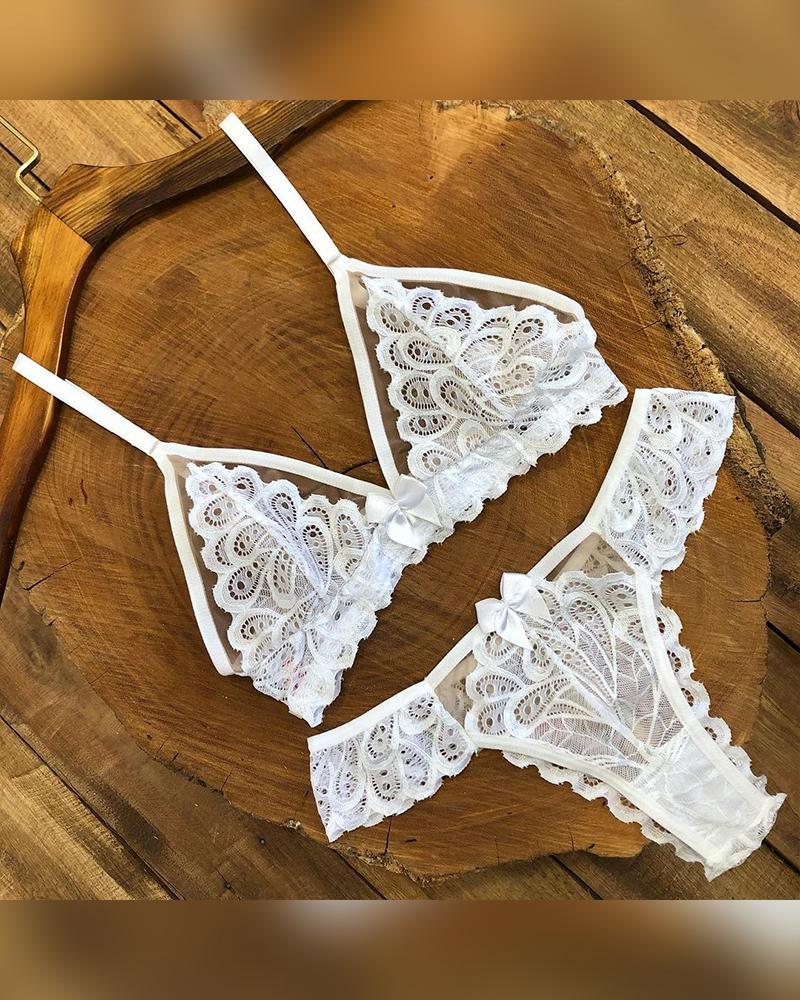 

Bowknot Decor Lace Lingerie Set, White