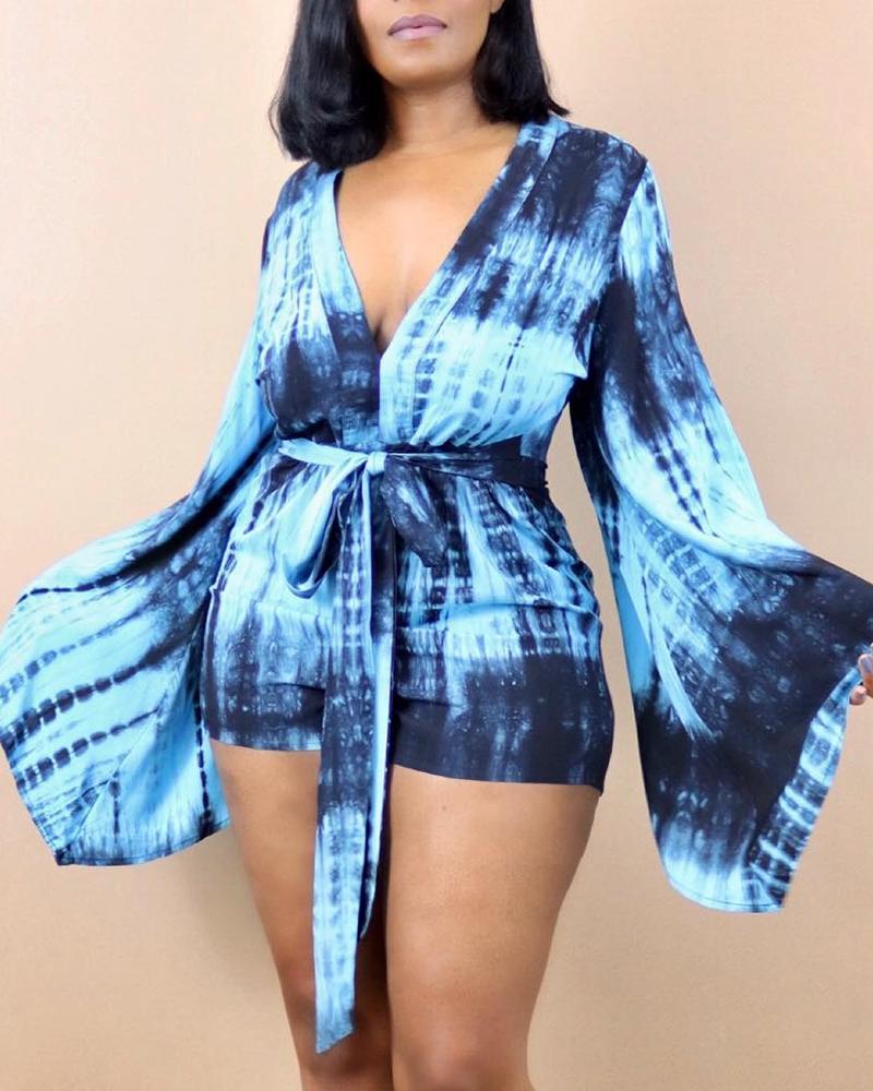 

Tie Dye Print Bell Sleeve Romper With Belt, Blue