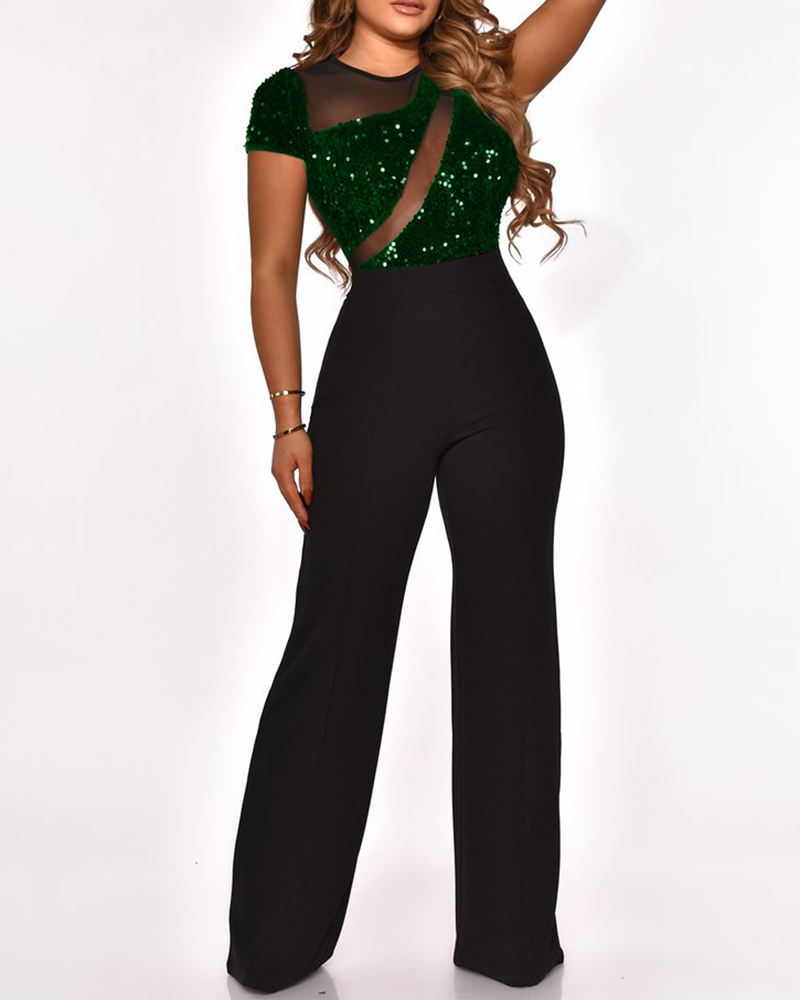 

Sheer Mesh Sequins Wide Leg Short Sleeve Jumpsuit, Green