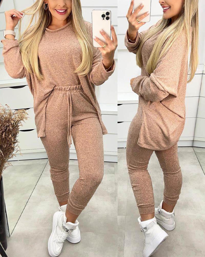 

Long Sleeve Top & Drawstring Pocket Design Pants Set, Khaki