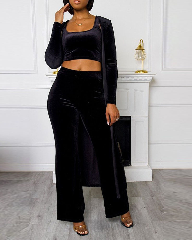 

Velvet Crop Tank Top & Pants With Longline Cardigan, Black
