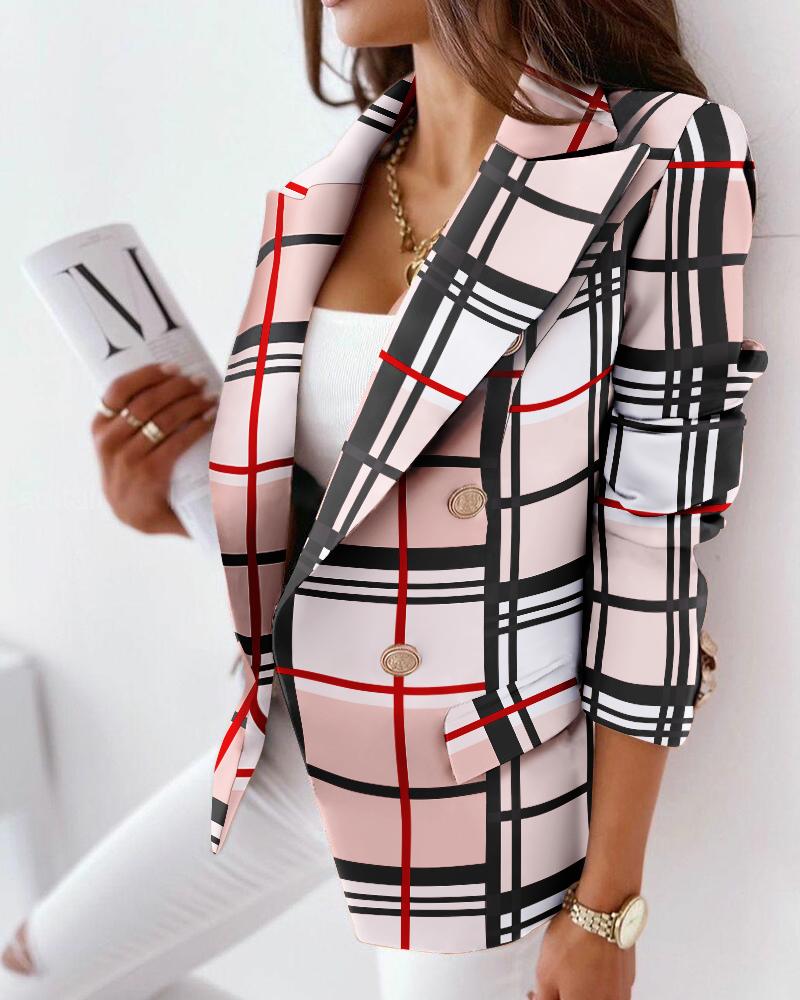 

Plaid Lapel Collar Flap Detail Double Breasted Blazer, Multicolor