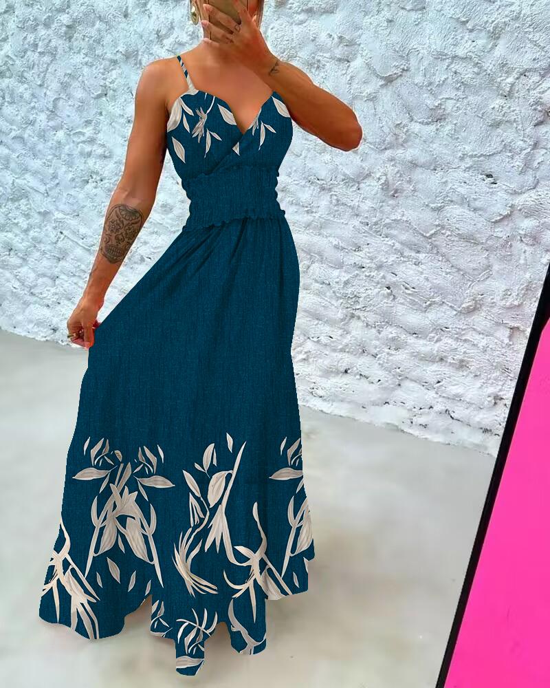 

Plants Print Shirred Ruffles Maxi Dress, Purplish blue