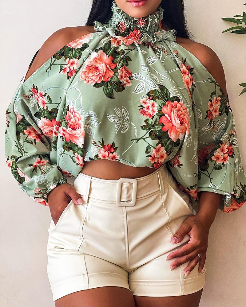 

Floral Print Cold Shoulder Lantern Sleeve Top, Light green