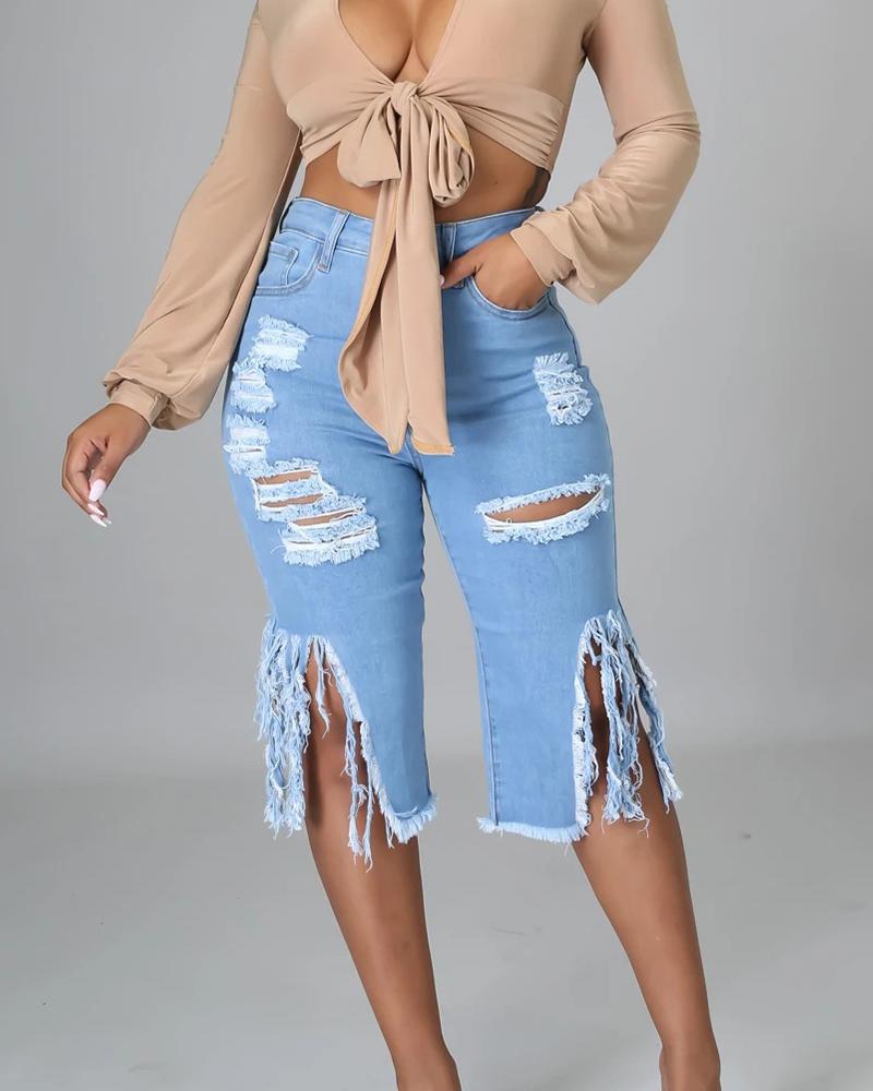 

Fringe Hem Cutout Ripped Tassel Design Denim Shorts, Blue