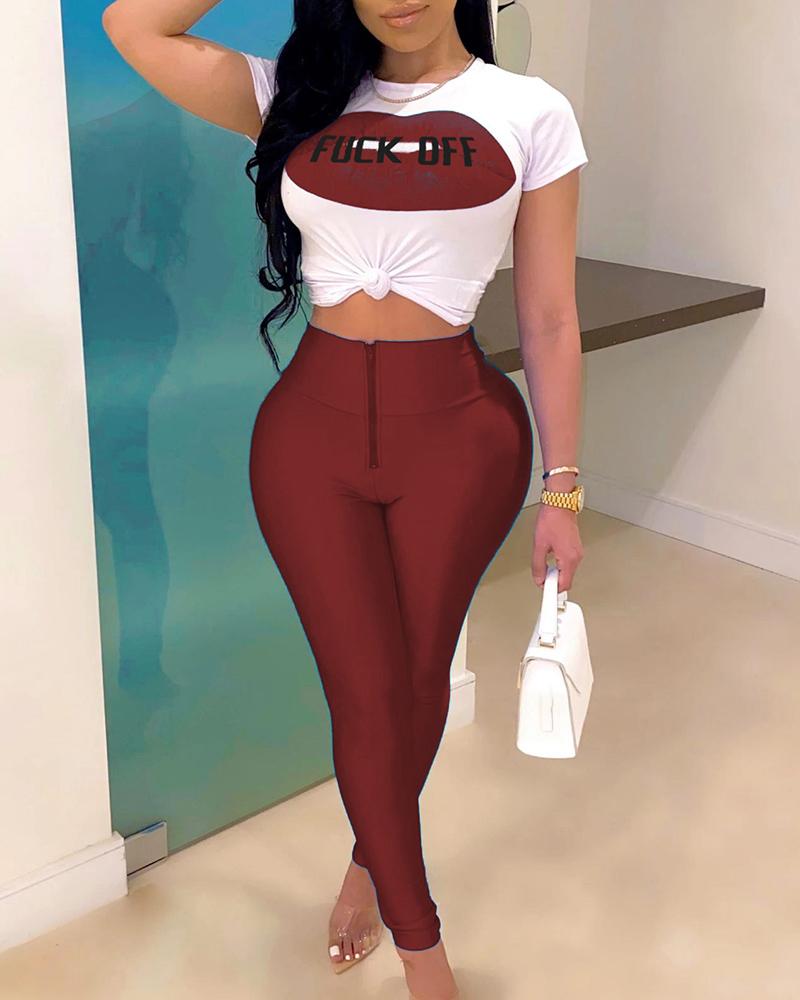 

Lip Letter Print Round Neck Top & Pants Set, Wine red
