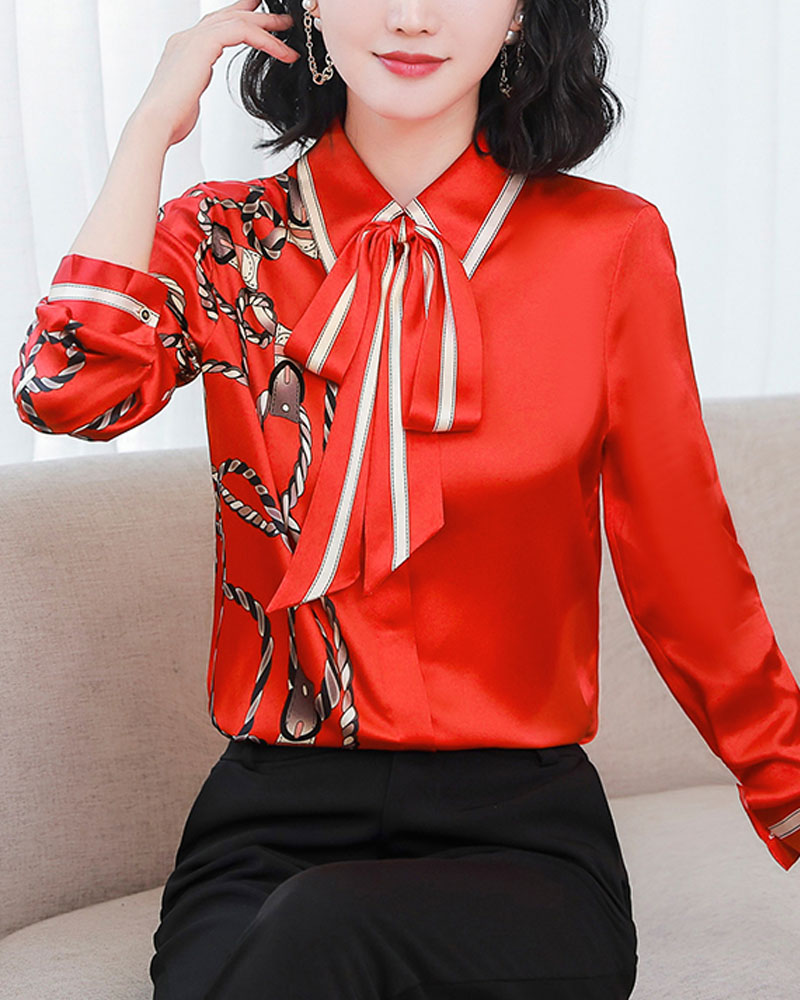 

Chain Print Tied Detail Button Down Shirt, Red