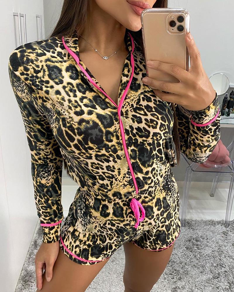 

Cheetah Print Contrast Binding Drawstring Pajamas Set, Leopard