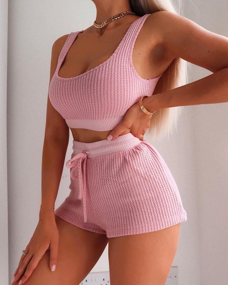 

Crop Tank Top & Drawstring High Waist Shorts Set, Pink