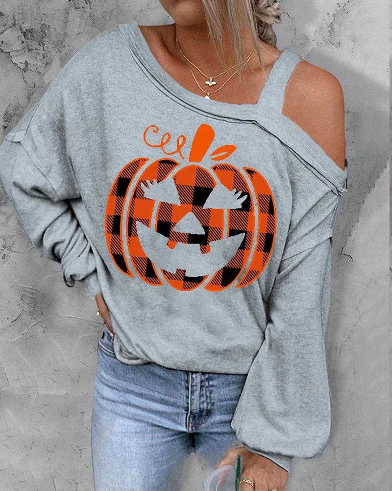 

Halloween Pumpkin Print Cold Shoulder Top, Gray