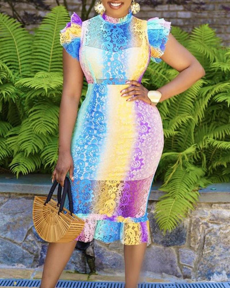 

Layered Ruffles Crochet Lace Colorblock Party Dress, Multicolor