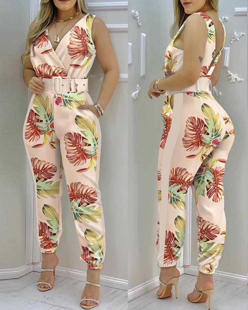

Pocket Design Backless Tropical Print Jumpsuit, Yellow