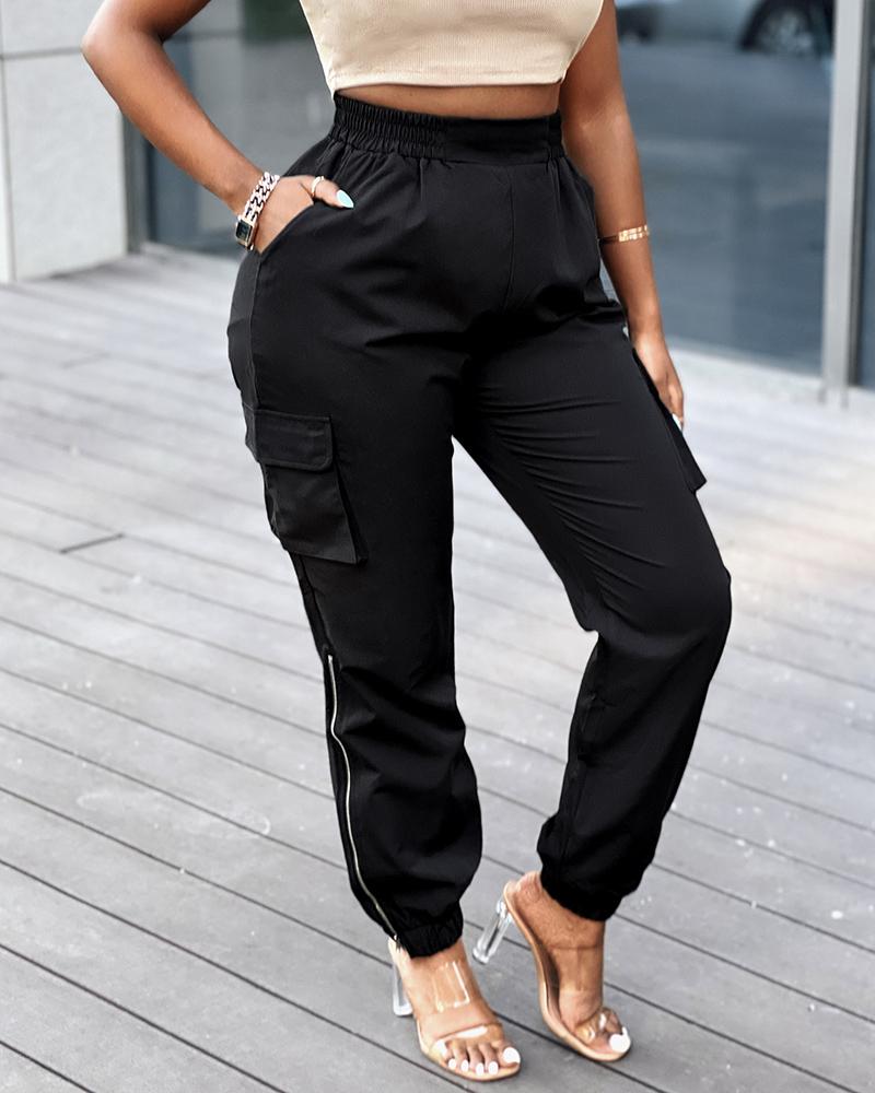 

High Waist Zipper Pocket Design Cargo Pants, Black