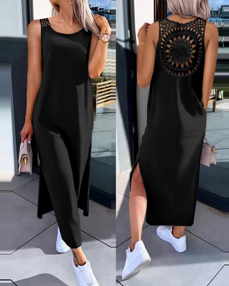 

Sleeveless Hollow-out Lace Side Slit Summer Tank Dress, Black