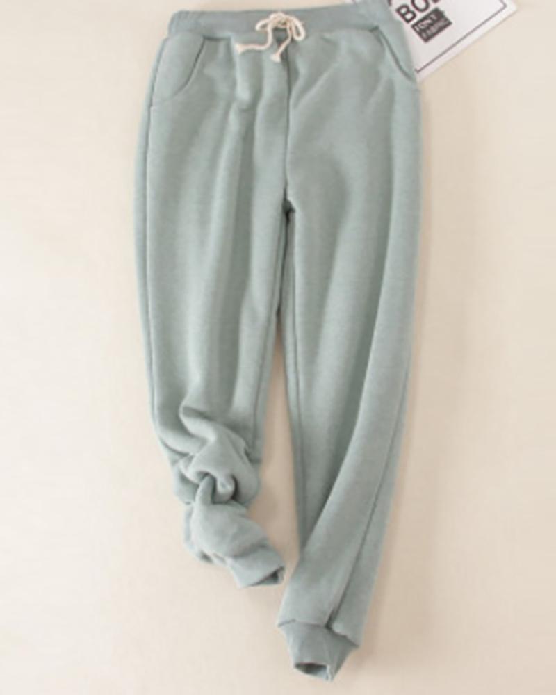 

Plain Drawstring Waist Super Thick Sweatpants, Green