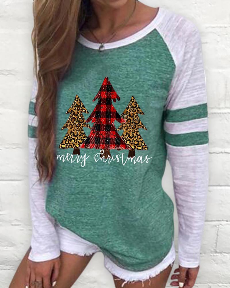 

Christmas Long Sleeve Casual Tree Print Sweatshirt, Green
