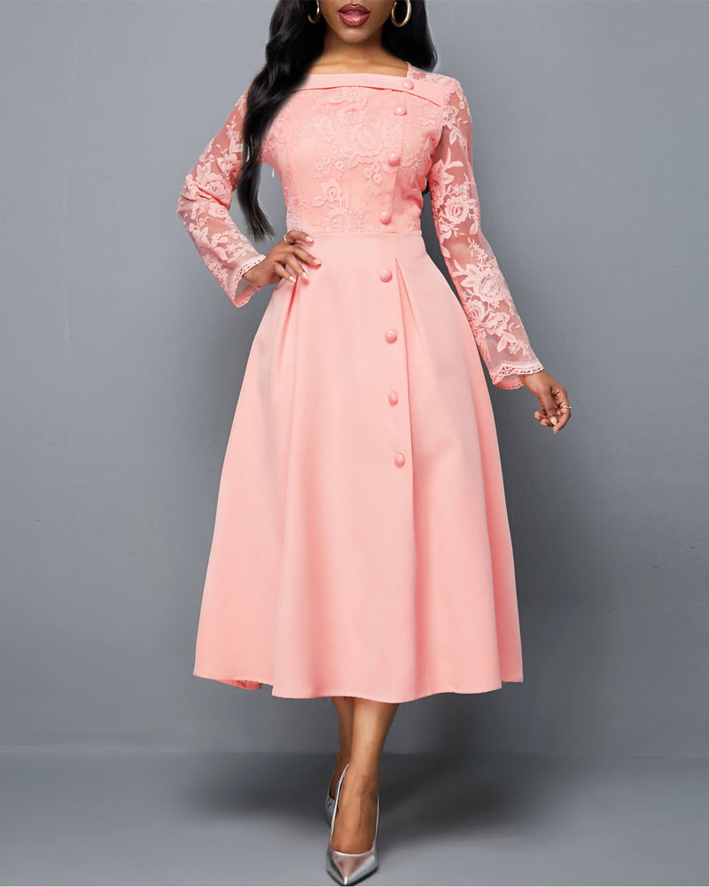 

Contrast Lace Long Sleeve Party Dress, Pink