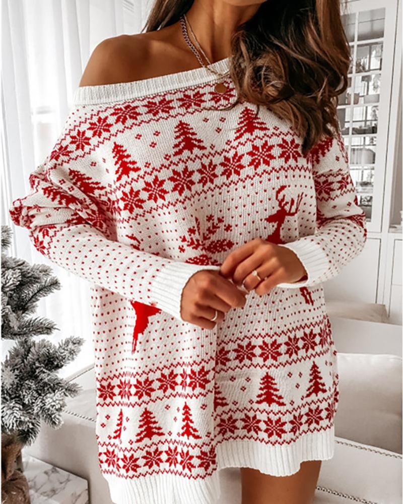 

Christmas Long Sleeve Casual Knit Sweater, White