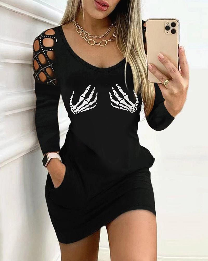 

Halloween Graphic Print Long Sleeve Dress, Black