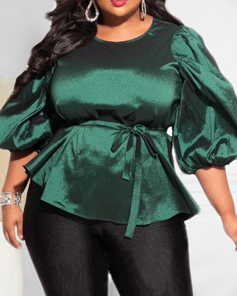 

Plus Size Tied Detail Puff Lantern Sleeve Top, Green