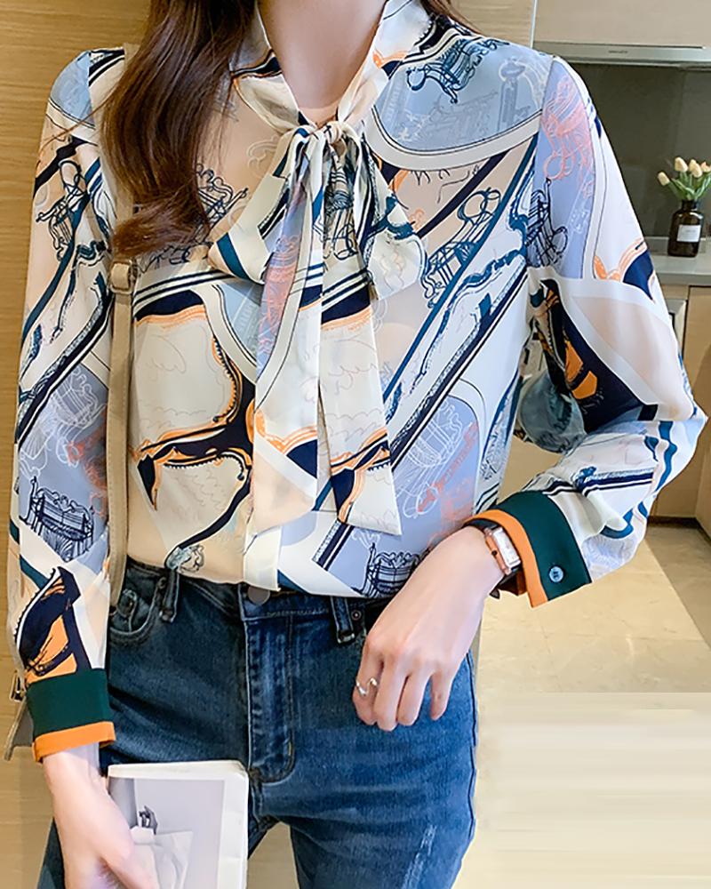 

Tied Detail Abstract Print Long Sleeve Shirt, Blue