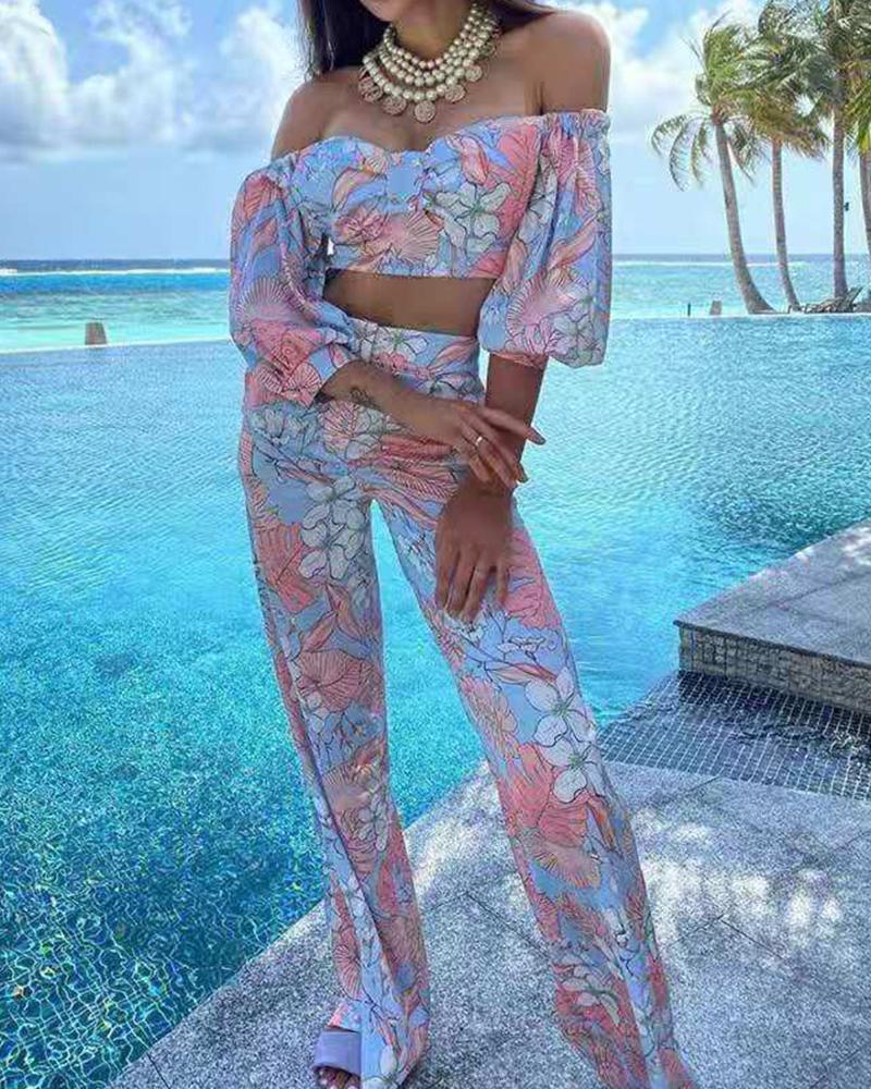 

Floral Print Off Shoulder Crop Top & Wide Leg Pants Set, Pink