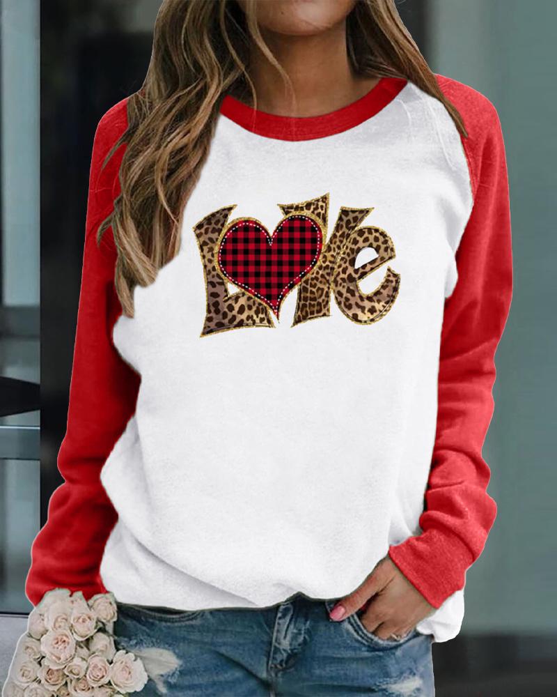 

Valentine' Day Love Heart Print Raglan Sleeve Sweatshirt, Red