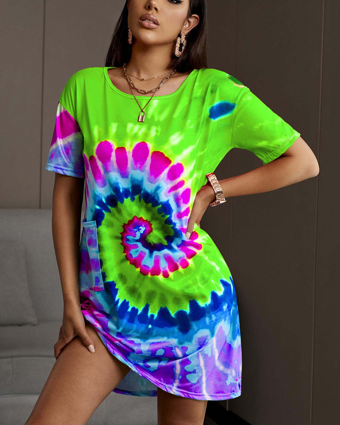 

Colorful Tie Dye Print Casual Dress, Green