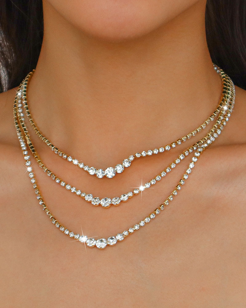 

1pc Sparkling Rhinestone Layered Chain Necklace, Gold