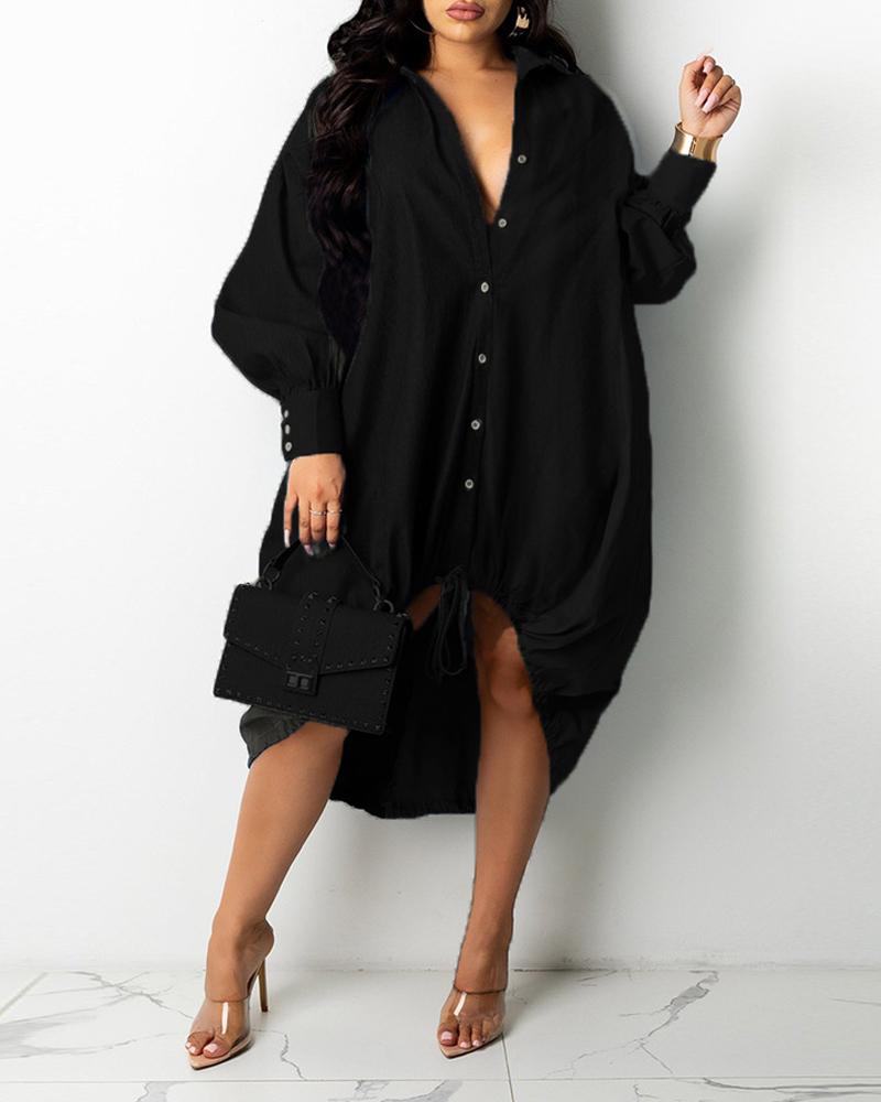 

Plus Size Long Sleeve Dip Hem Buttoned Shirt Dress, Black