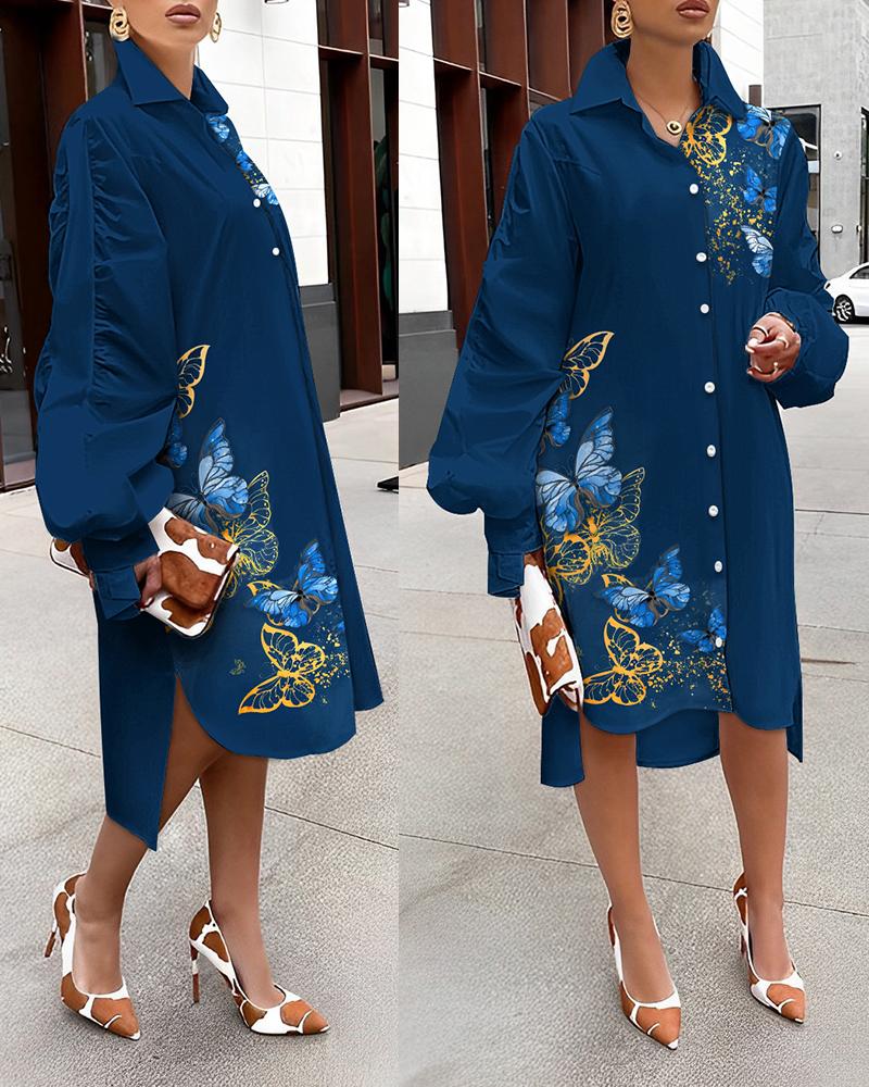 

Butterfly Print Lantern Sleeve Ruched Shirt Dress, Blue