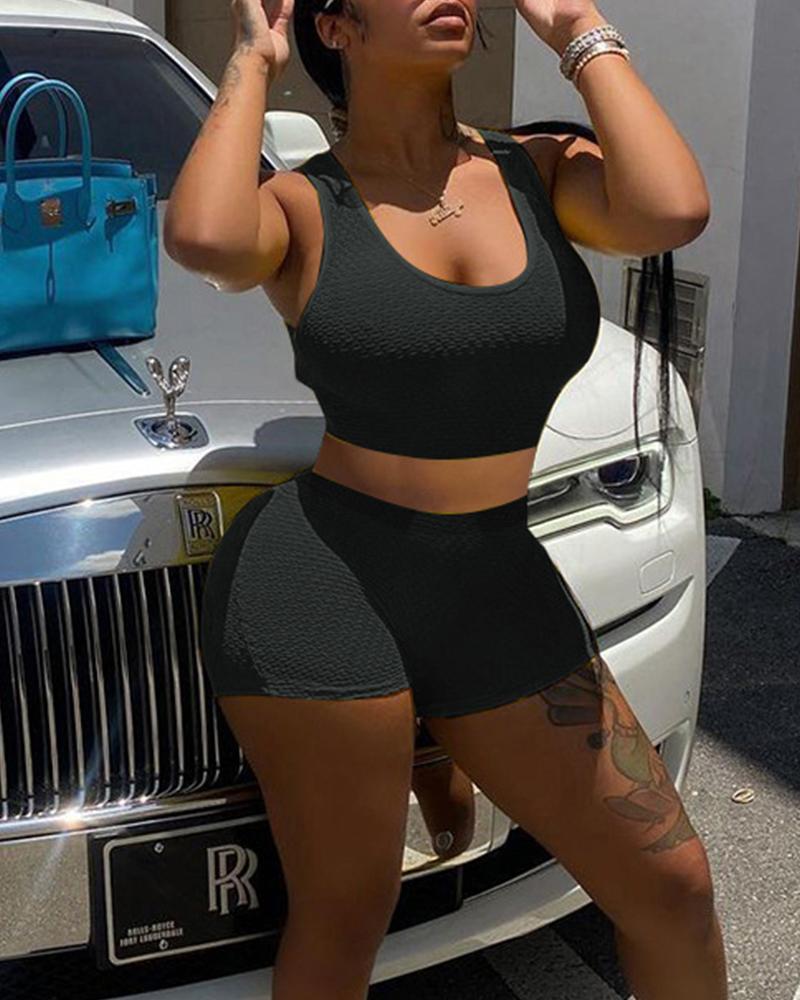 

Solid Sleeveless Skinny Tanks With Shorts Suit Sets, Black