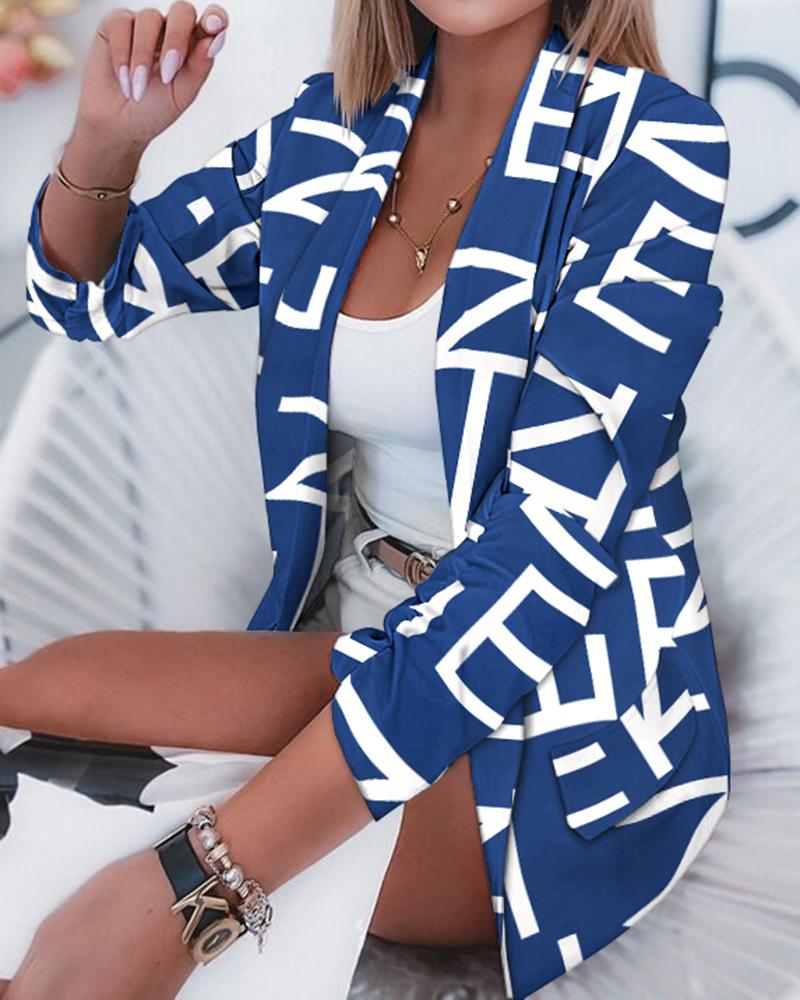 

Letter Print Shawl Collar Long Sleeve Blazer, Blue
