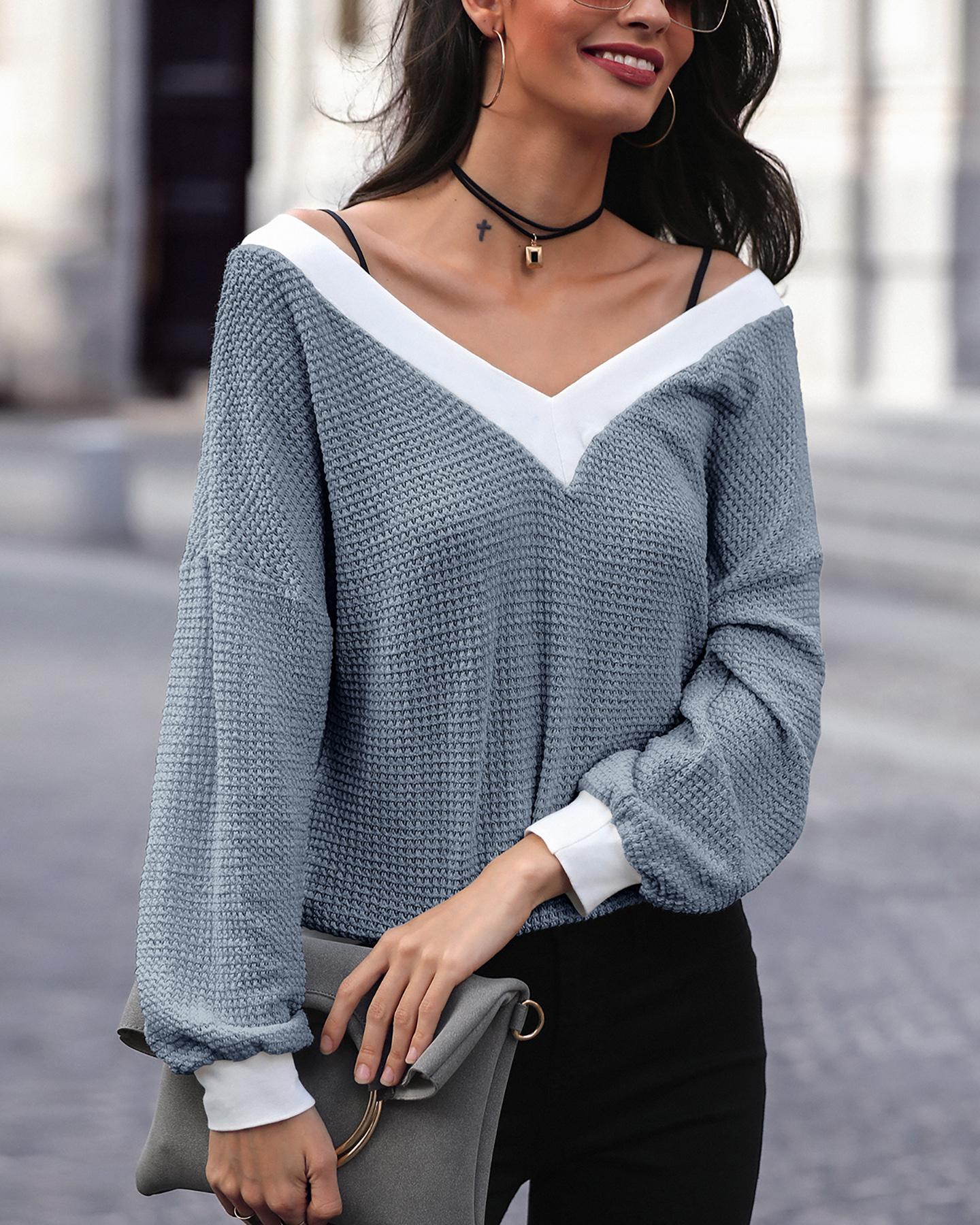 

V Neck Long Sleeve Pointelle Casual Sweatshirt, Gray