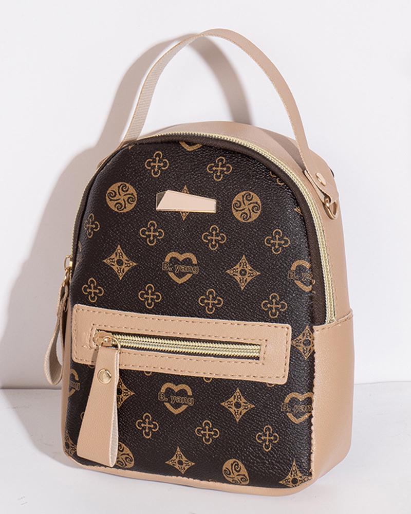 

Graphic Print Zipper Design Backpack, Apricot