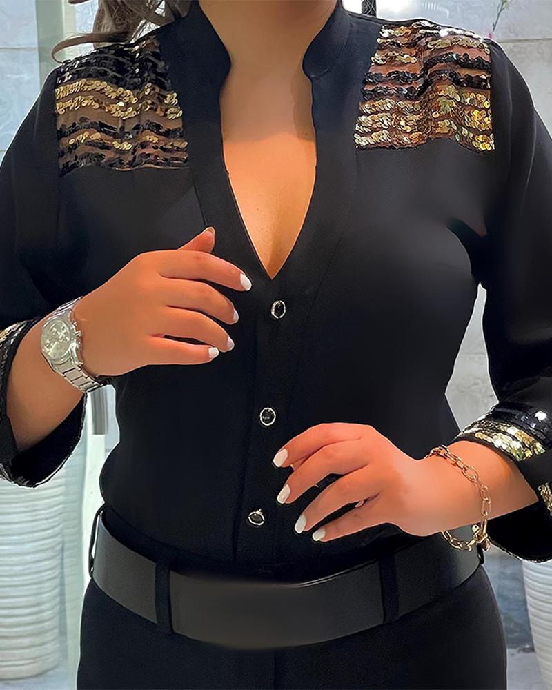 

Contrast Sequin Buttoned Long Sleeve Top, Black