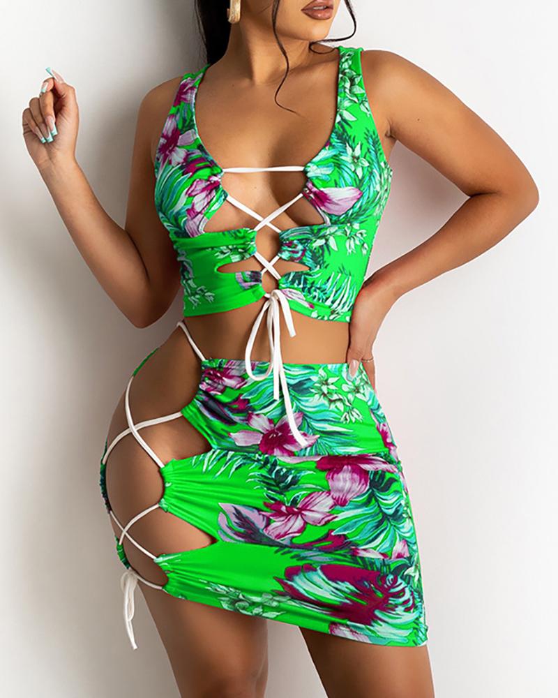 

Floral Print Lace-up Sleeveless Crop Top & Skirt Sets, Green