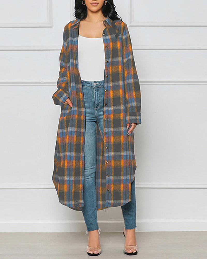 

Plaid Print Curved Hem Buttoned Longline Shacket, Orange