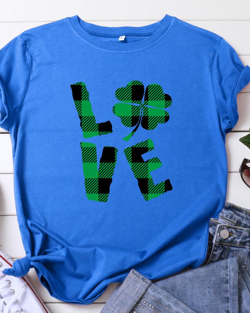 

Plaid & Letter Print Short Sleeve Casual T-shirt, Blue