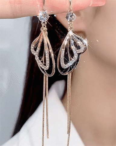 

Butterfly Design Rhinestone Tassel Earrings, Black