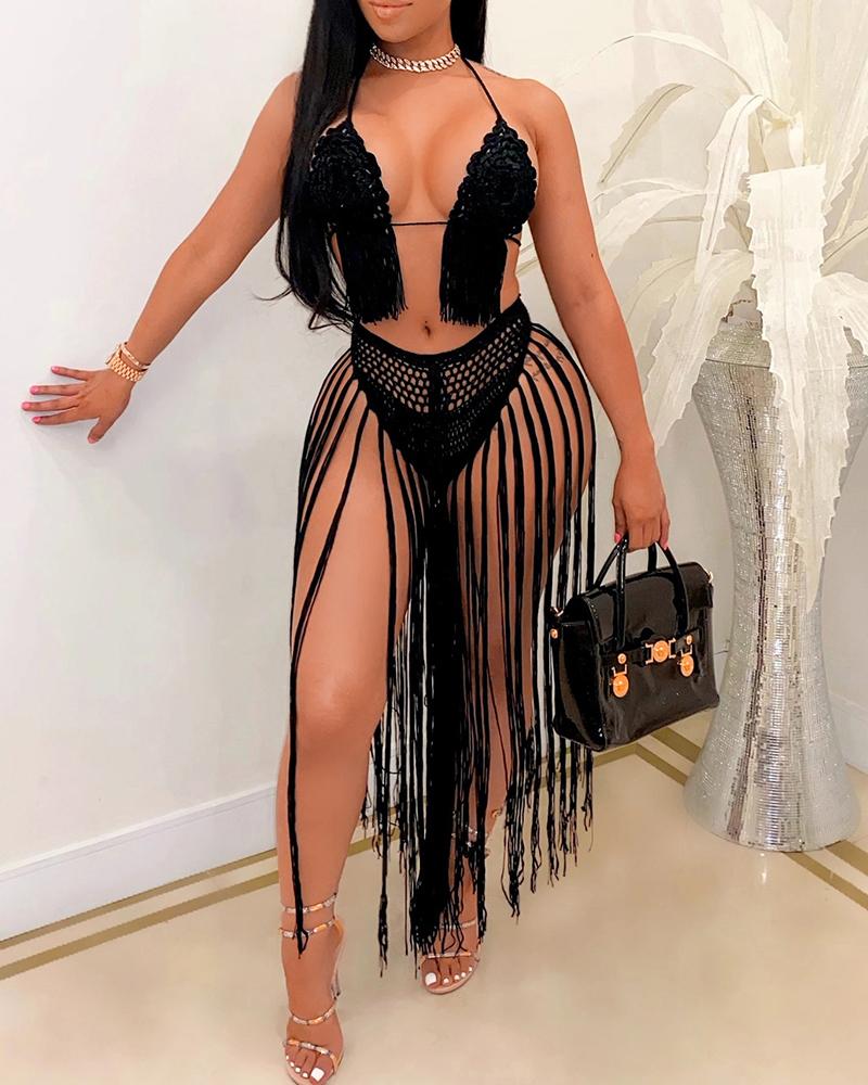

Braided Tassel Design Cutout Cover Up Set, Black