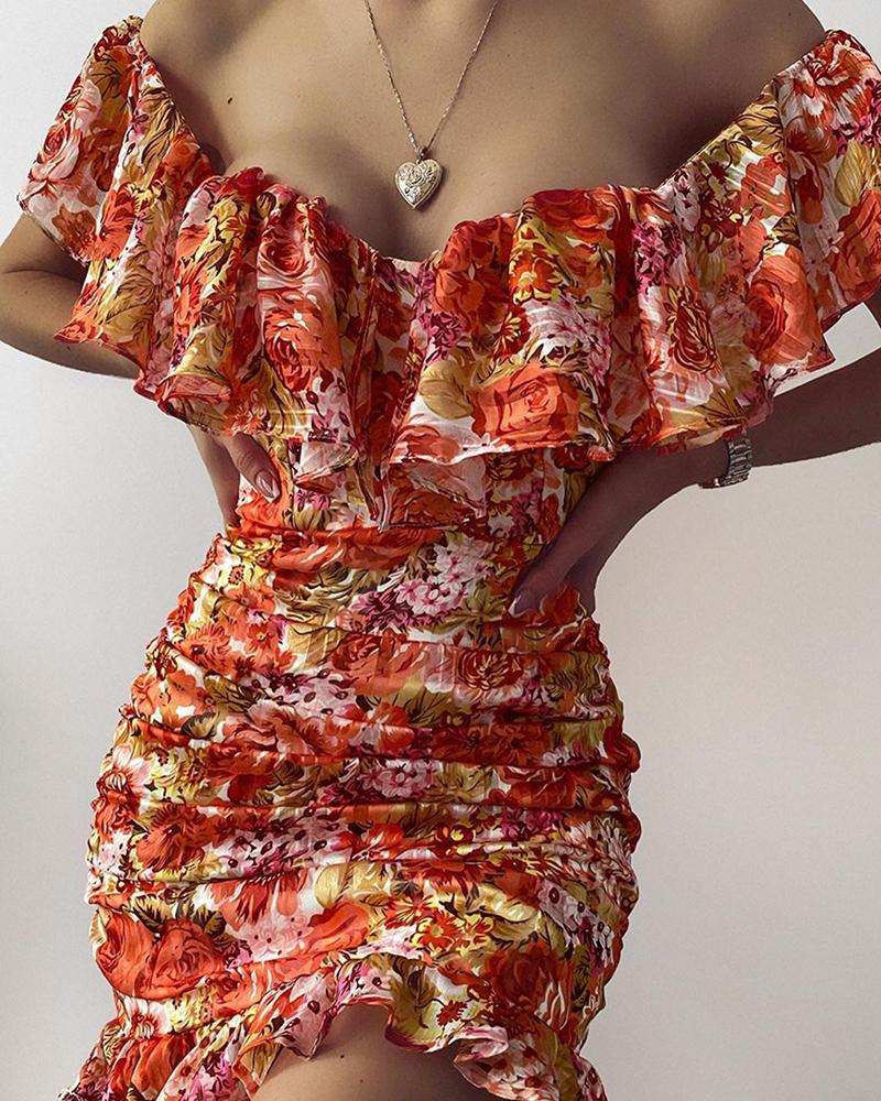 

Off Shoulder Ruffles Ruched Floral Print Dress, Orange