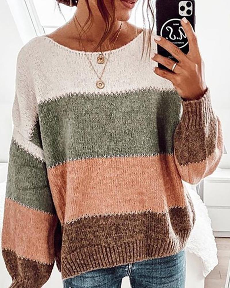 

Colorblock Knit Long Sleeve Casual Sweater, Brown