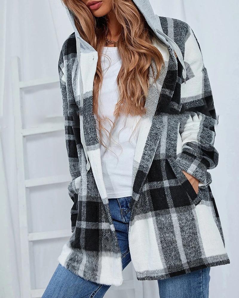 

Plaid Print Buttoned Pocket Design Hooded Coat, Black
