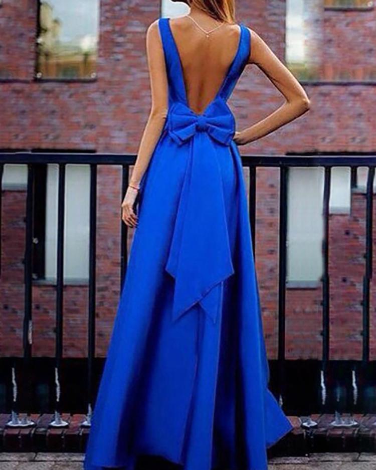

Sexy Bowtie Open Back Maxi Evening Dress - Blue