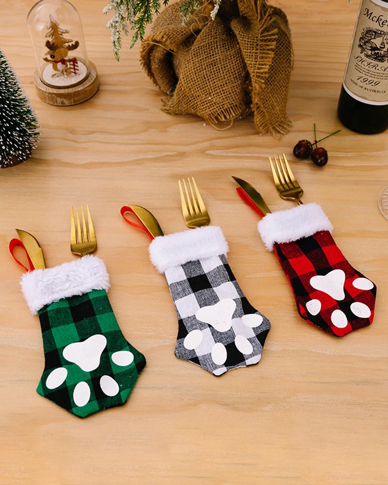 1pc Christmas Plaid Print Cat Claw Chaussettes Sac Salle À Manger Décor À La Maison